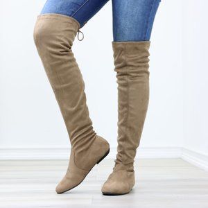 Taupe Thigh High Over The Knee Flat Boots Faux Suede